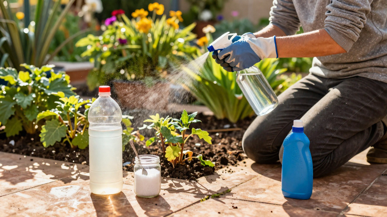 Pessoa a pulverizar plantas no jardim com um frasco pulverizador, rodeada de produtos caseiros para cuidados das plantas.