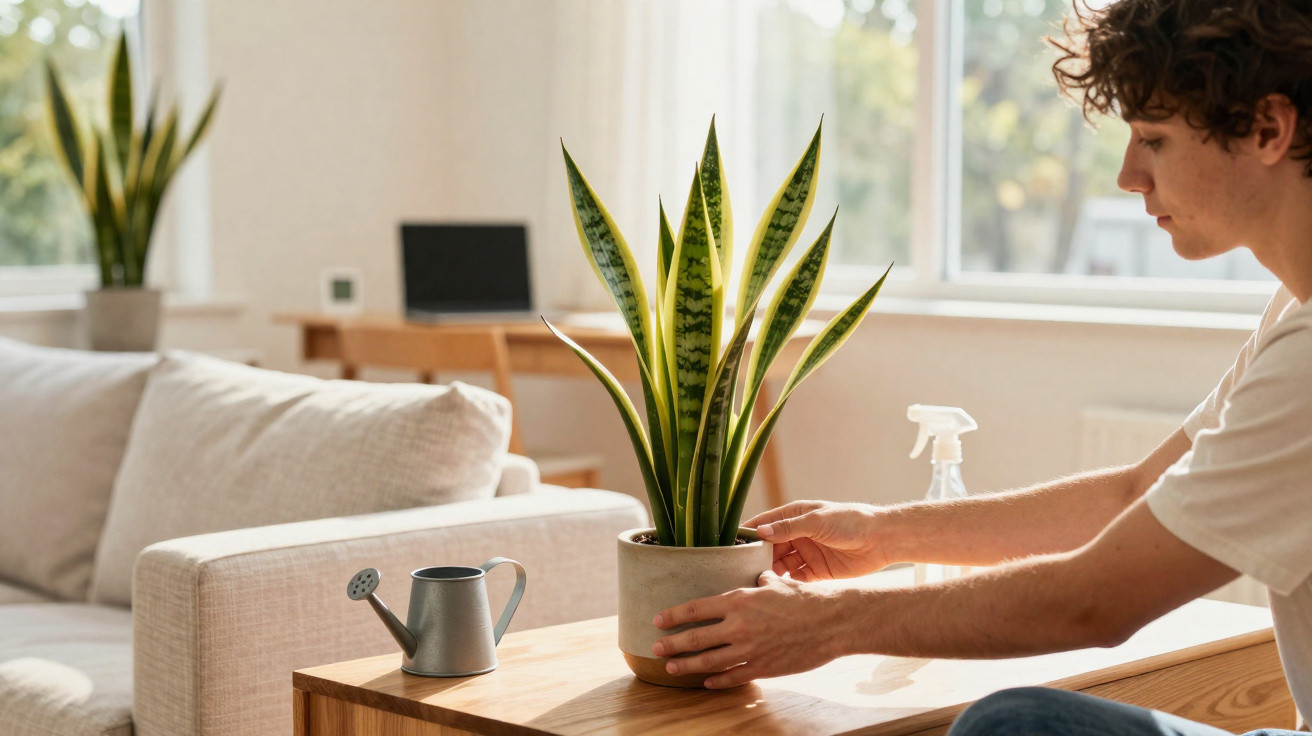 Pessoa a cuidar de planta em vaso numa mesa de madeira numa sala bem iluminada.