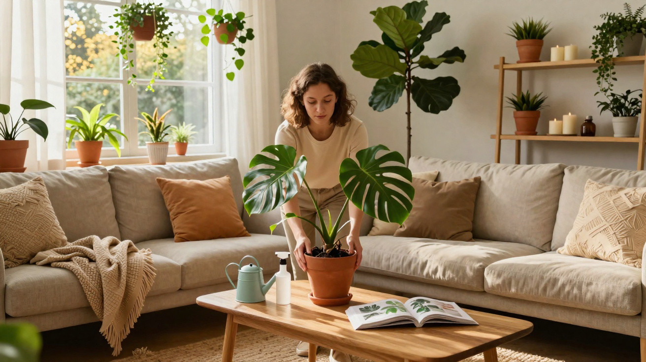 Mulher a cuidar de planta numa sala luminosa com sofá bege e várias plantas em vasos.