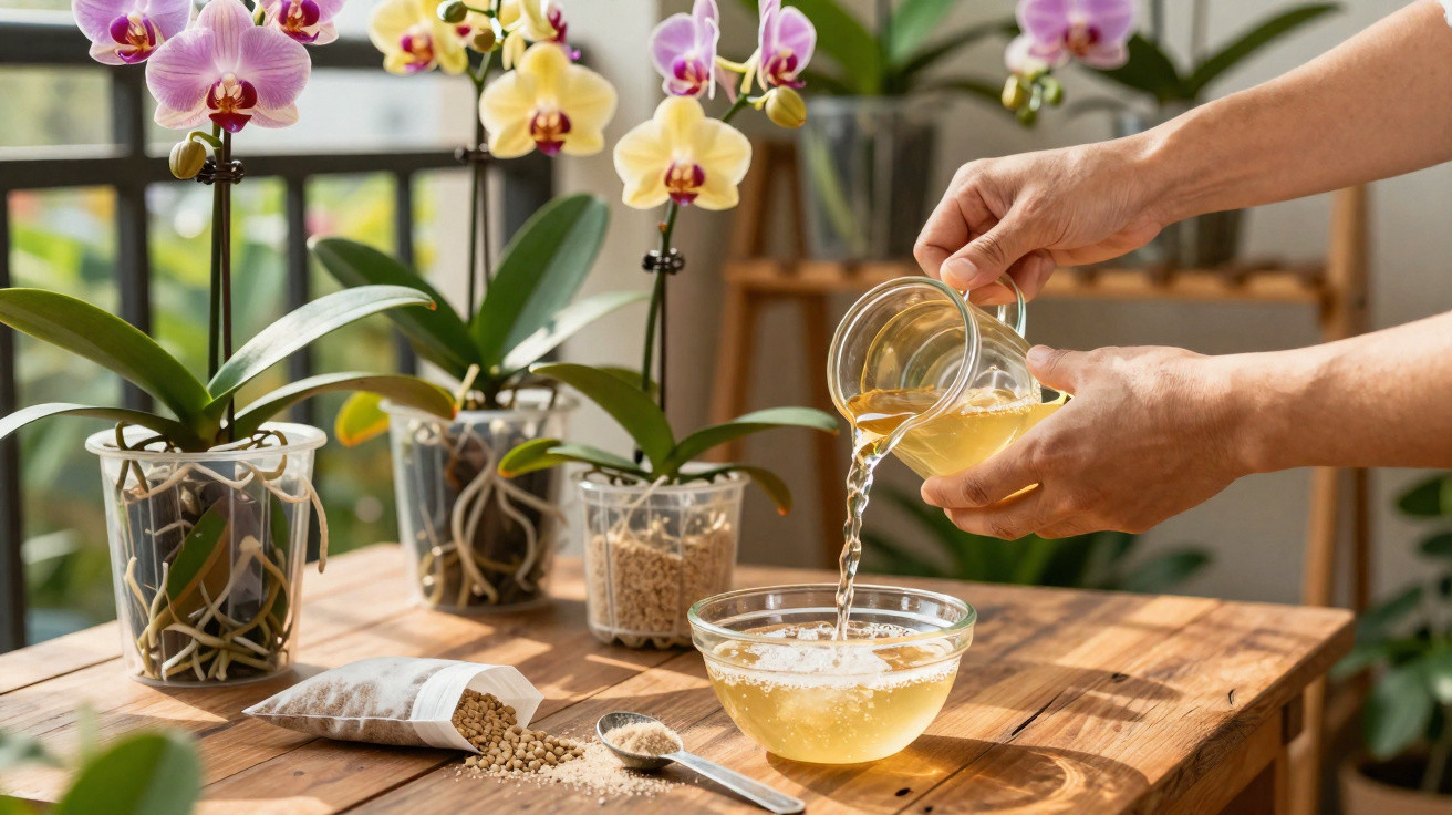 Pessoa a preparar fertilizador natural para orquídeas em vaso, com sementes e líquido num recipiente de vidro.
