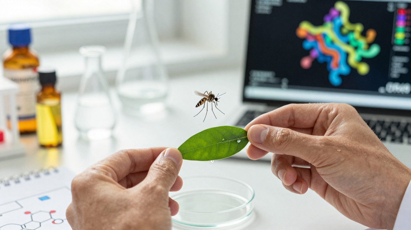 Mãos seguram folha verde com mosquito por cima em laboratório com computador e frascos ao fundo.