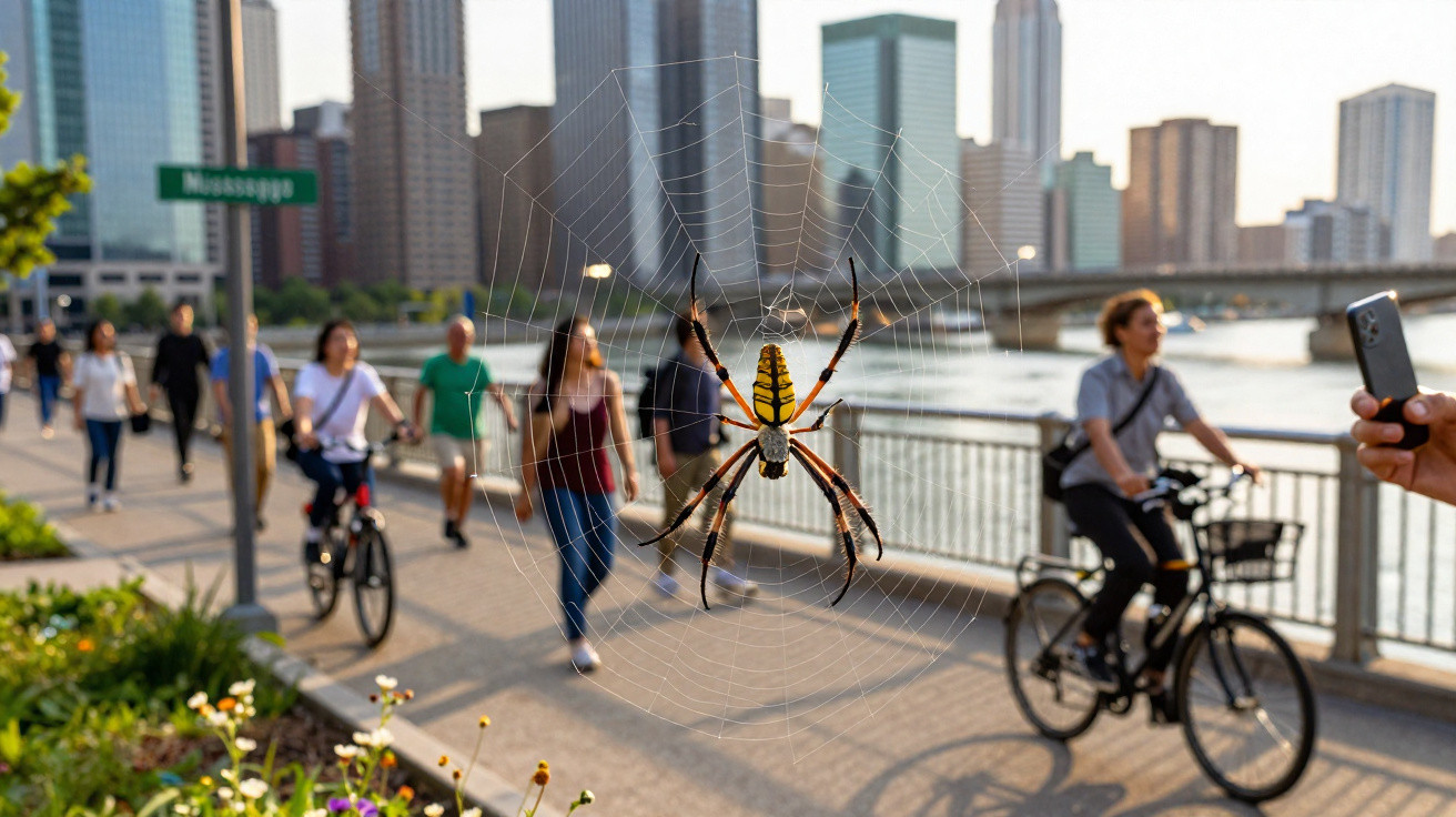 Aranha grande e colorida numa teia detalhada junto a um passeio urbano movimentado com ciclistas e pedestres.