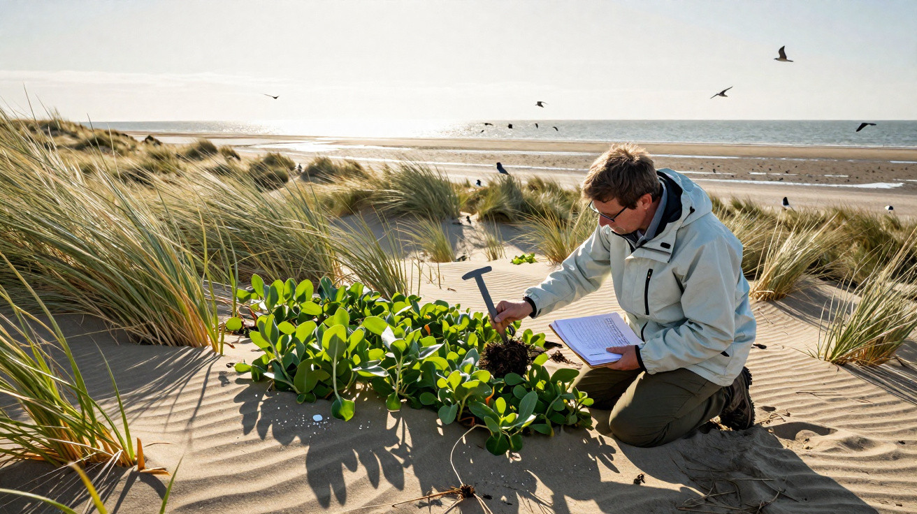 Homem a estudar plantas e medir areia numa duna junto à praia com aves ao fundo.