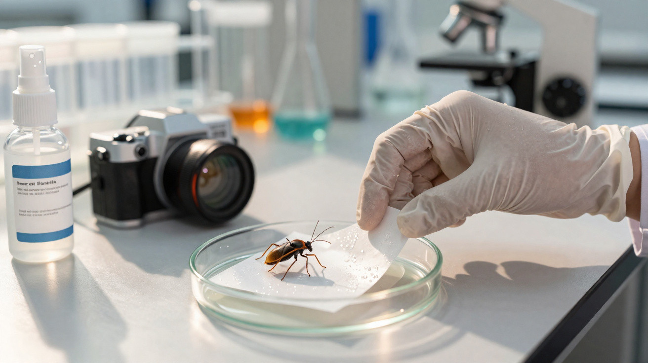 Inseto preto e castanho numa placa de Petri com mão protegida por luva a segurar papel em laboratório.