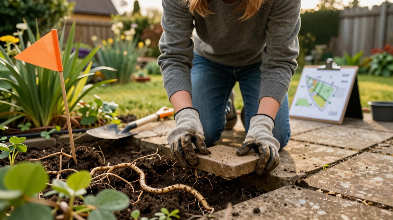Pessoa a colocar pedra numa passagem de jardim com luvas e plantas à volta.