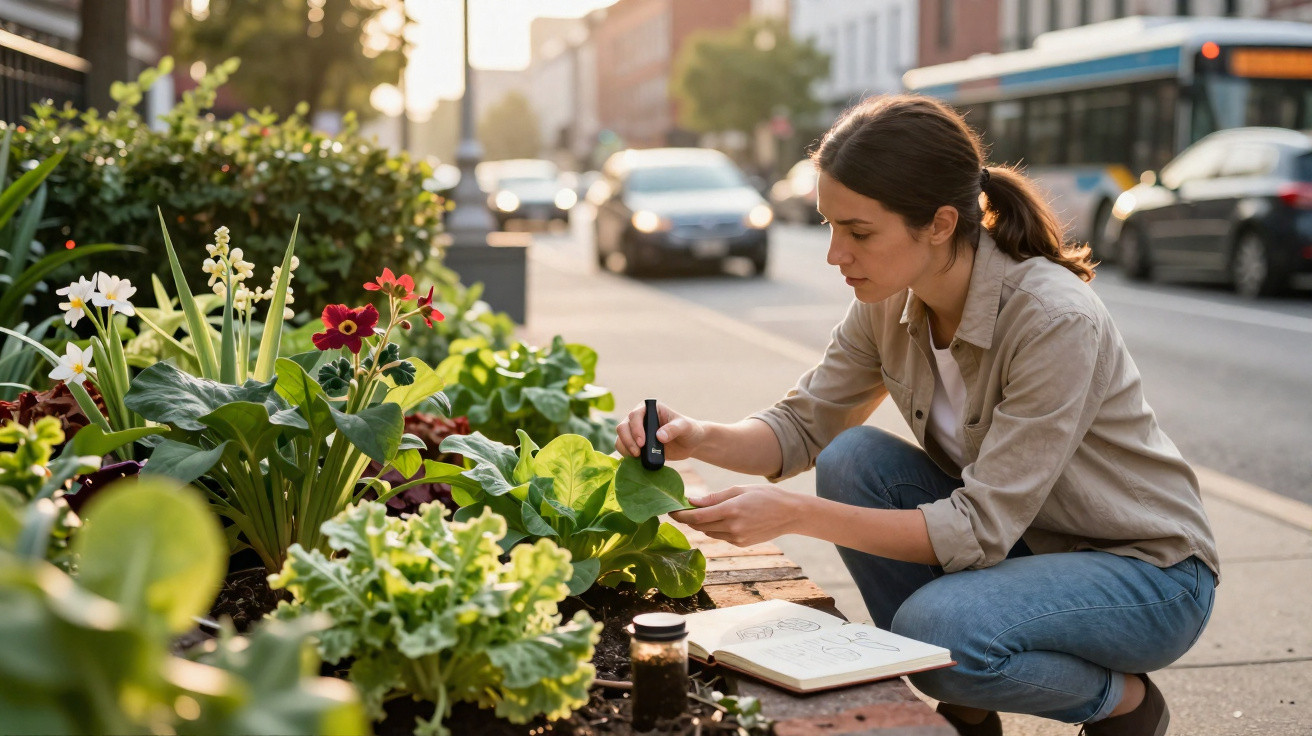 Mulher examina plantas num jardim urbano junto a uma rua movimentada ao entardecer.