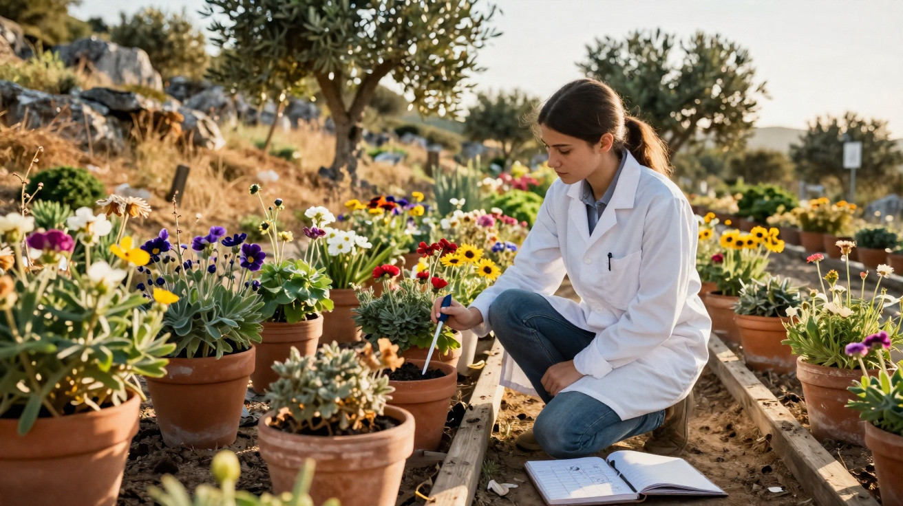 Mulher de bata branca analisa plantas em vaso com pipeta num jardim ao ar livre, entre flores coloridas.