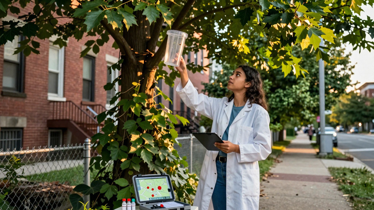 Mulher cientista em bata branca recolhe amostra com recipiente junto a árvore na rua urbana.