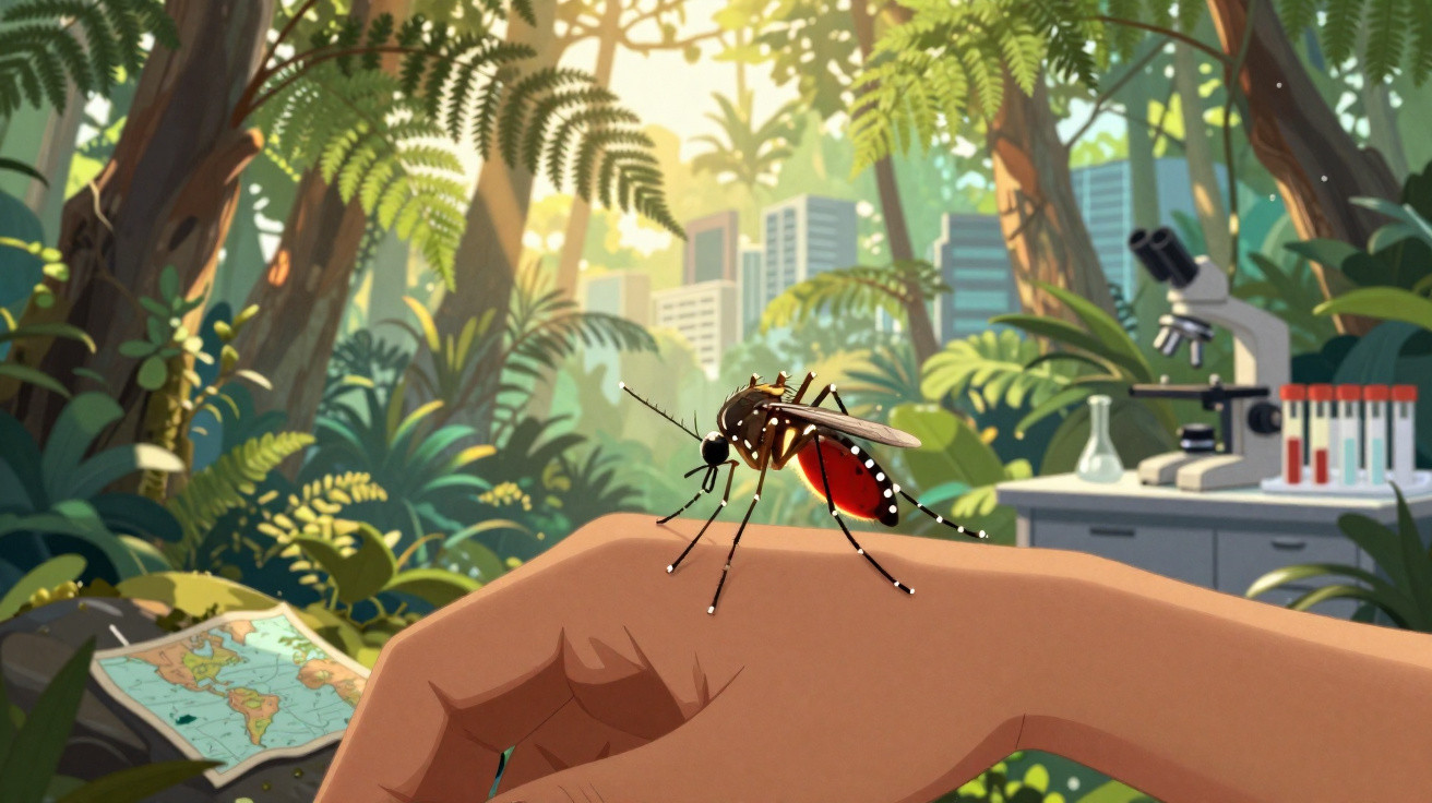 Mosquito sobre mão humana numa floresta com equipamento científico ao fundo.