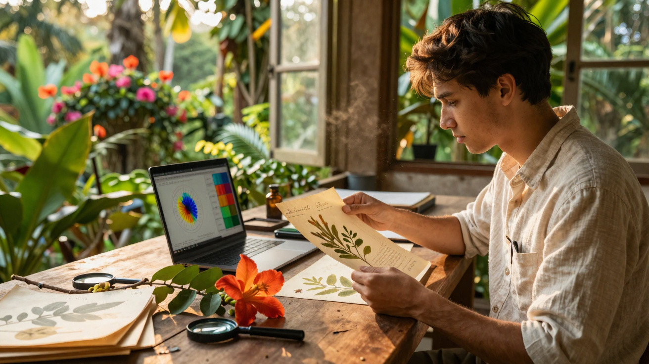 Jovem a estudar plantas com ilustrações e computador numa mesa rodeada de plantas e luz natural.