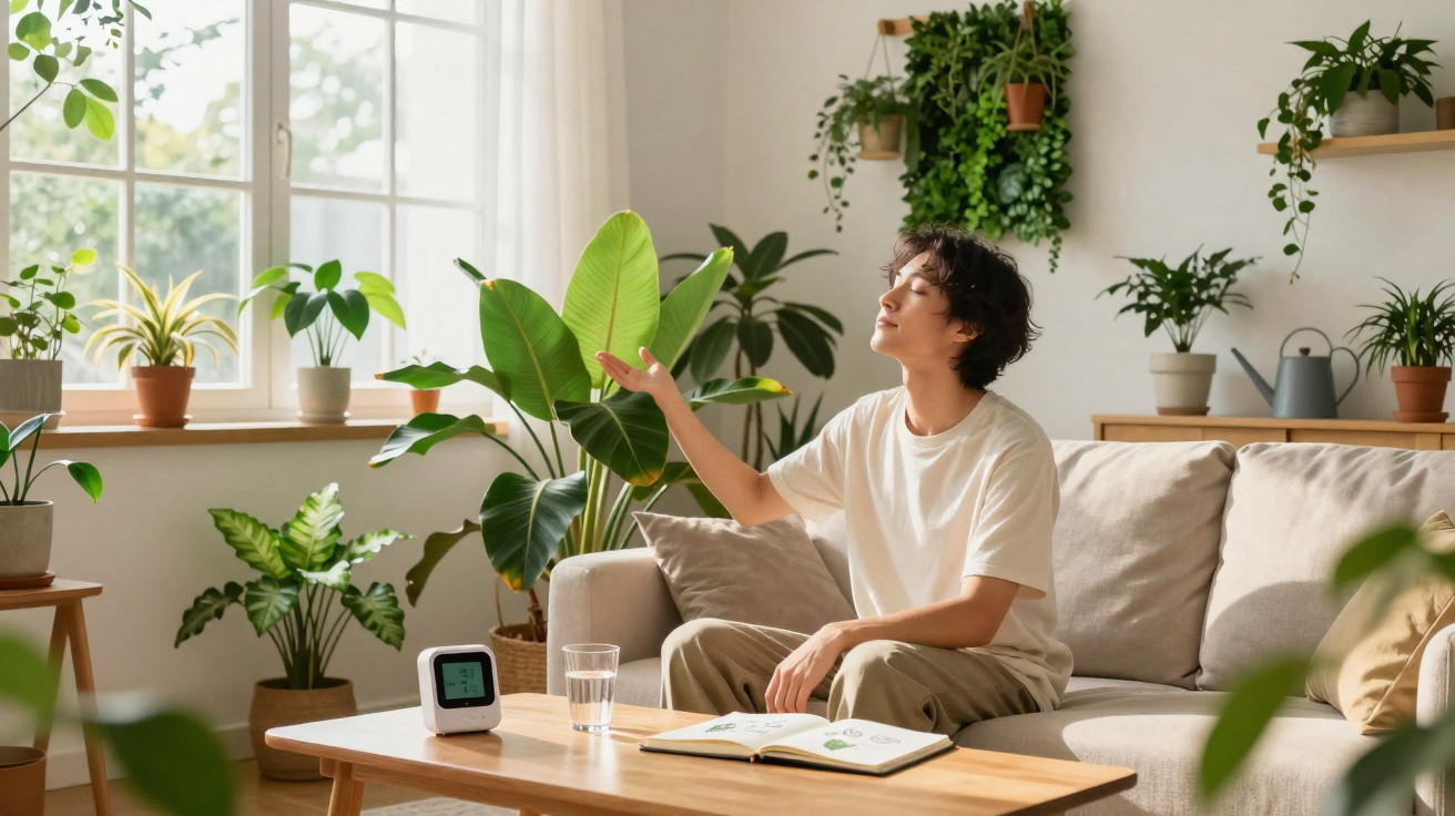 Pessoa sentada num sofá rodeada de plantas, desfrutando da luz natural que entra pela janela.