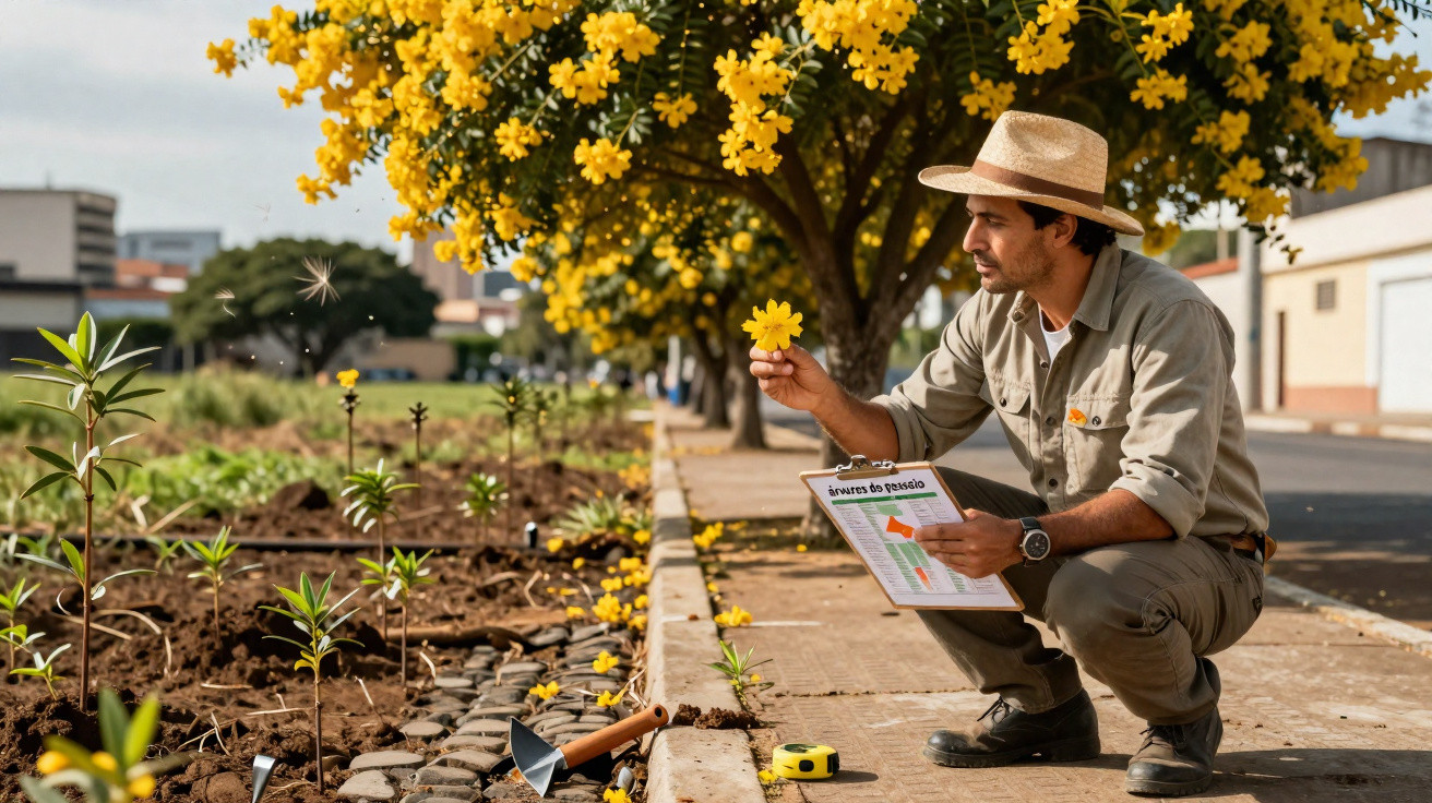 Homem de chapéu observa flor amarela junto a árvores florescendo numa rua urbana.