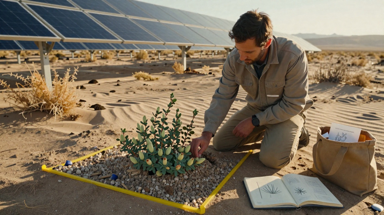 Homem a analisar planta no deserto perto de painéis solares com livro aberto e mochila ao lado.
