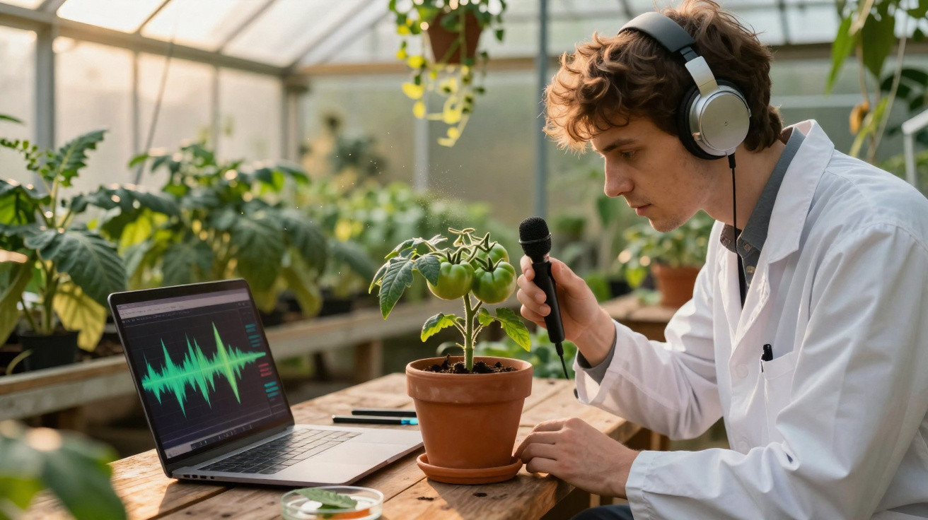 Cientista numa estufa grava sons de uma planta de tomate verde com microfone e auscultadores.