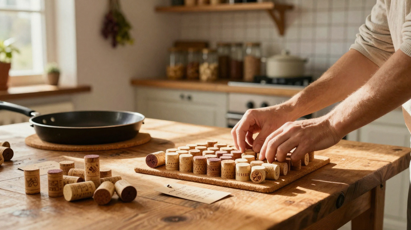 Pessoa a organizar peças de cortiça num tabuleiro de jogo sobre uma mesa de madeira numa cozinha iluminada.