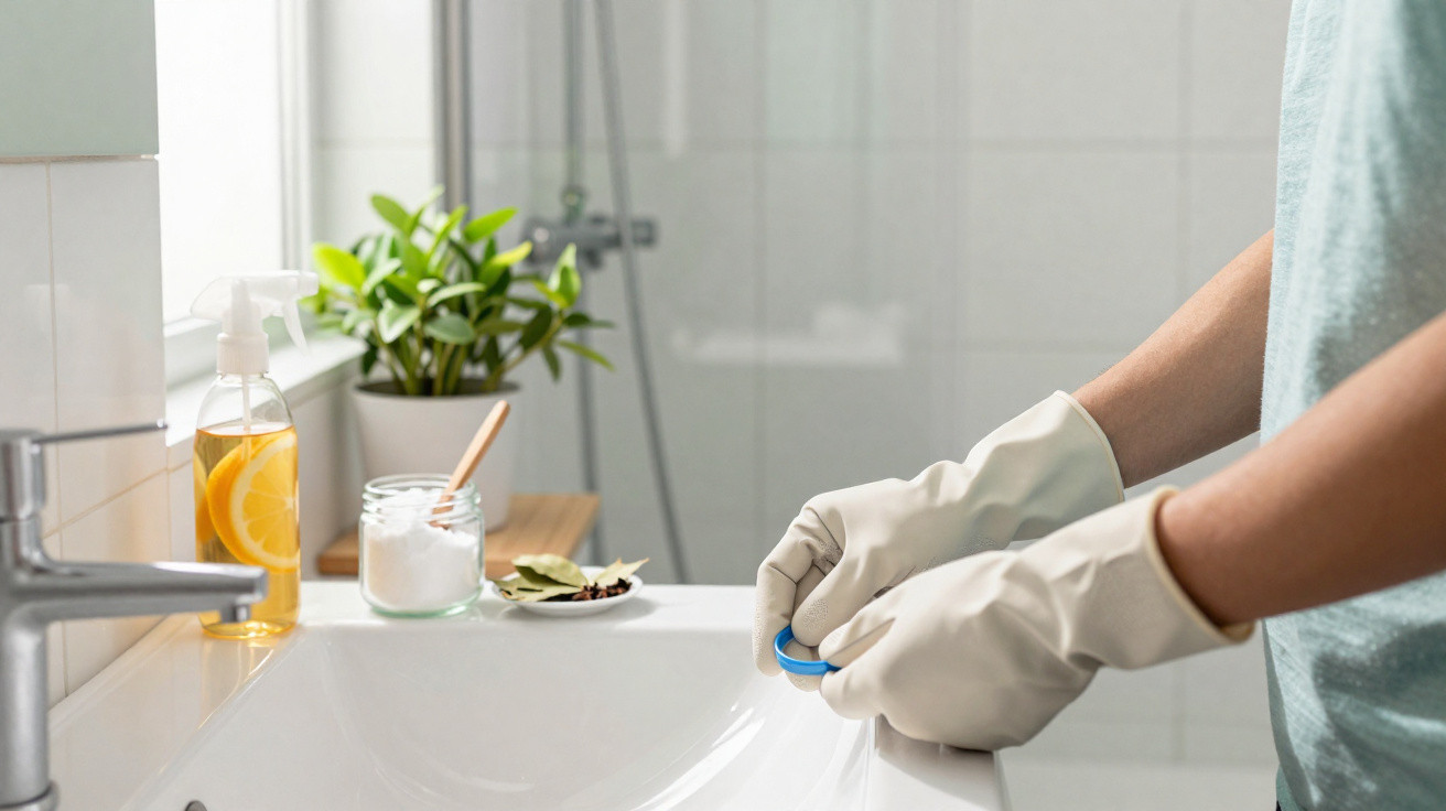 Pessoa com luvas a limpar a torneira de uma casa de banho branca com produtos naturais.