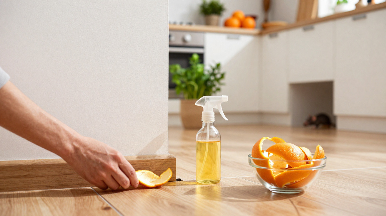 Mão a colocar casca de laranja no chão ao lado de frasco pulverizador e tigela com cascas numa cozinha moderna.
