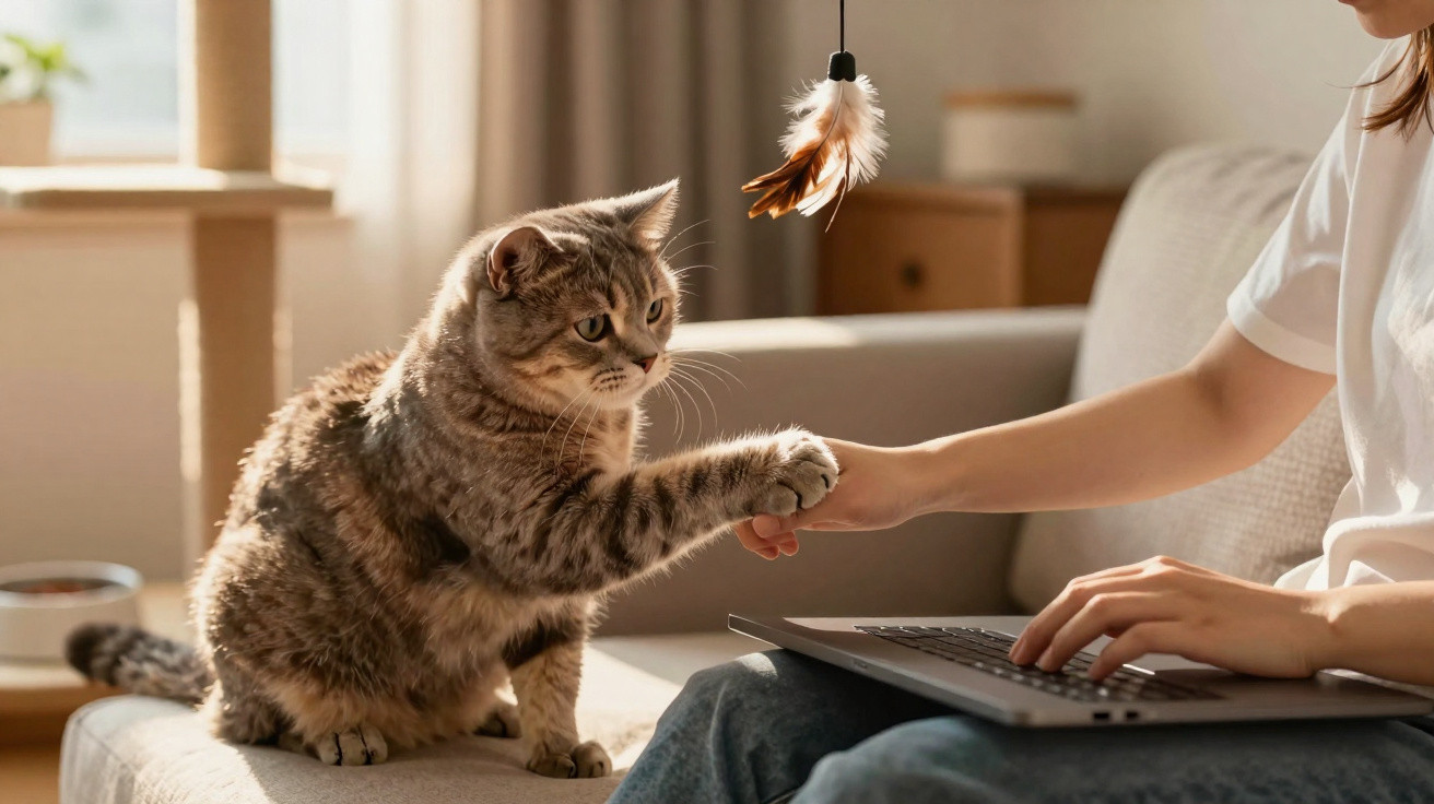 Gato a tocar a mão de uma pessoa sentada no sofá com computador portátil ao colo, com brinquedo de penas à frente.