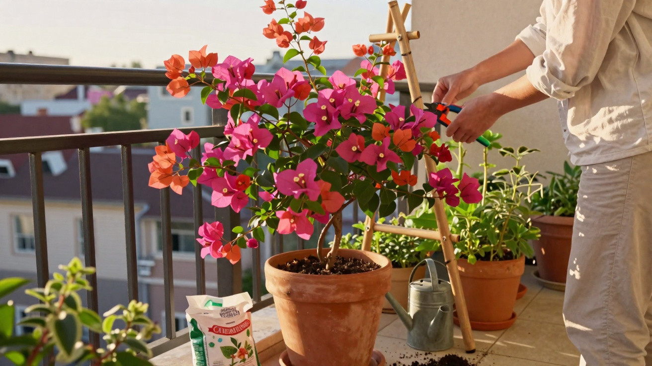 Pessoa a cuidar de planta florescente rosa e laranja em vaso de barro numa varanda ensolarada.