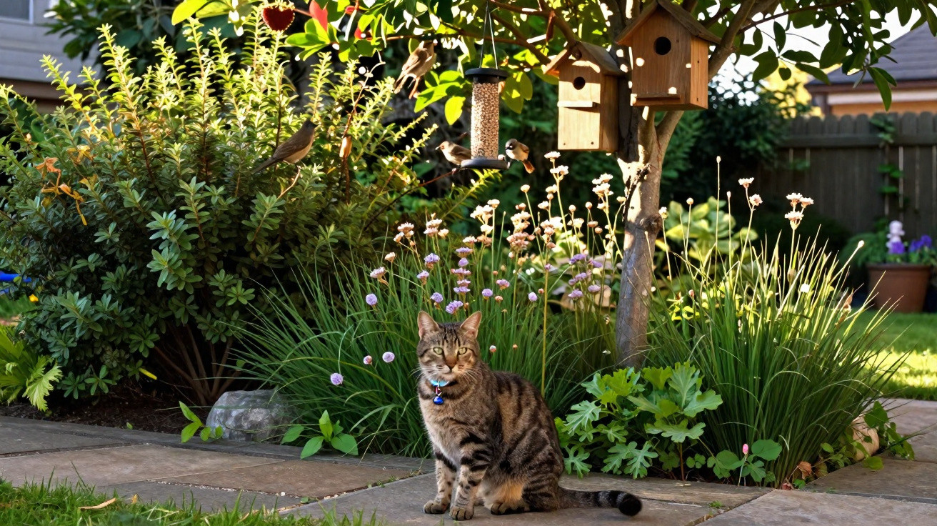 Gato castanho tigrado sentado num jardim com flores, arbustos e comedouros para pássaros numa árvore.