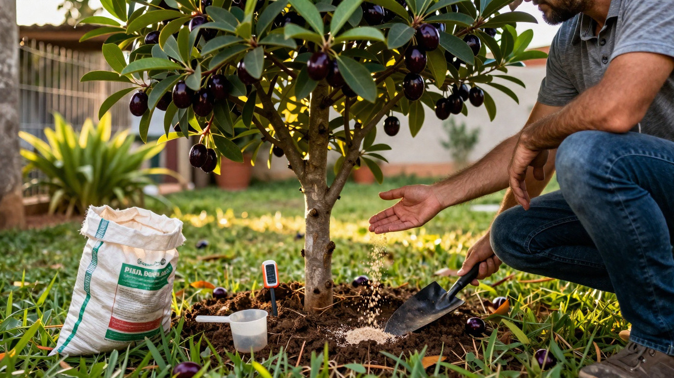 Homem a fertilizar a terra junto a árvore de frutas roxas num jardim ensolarado.