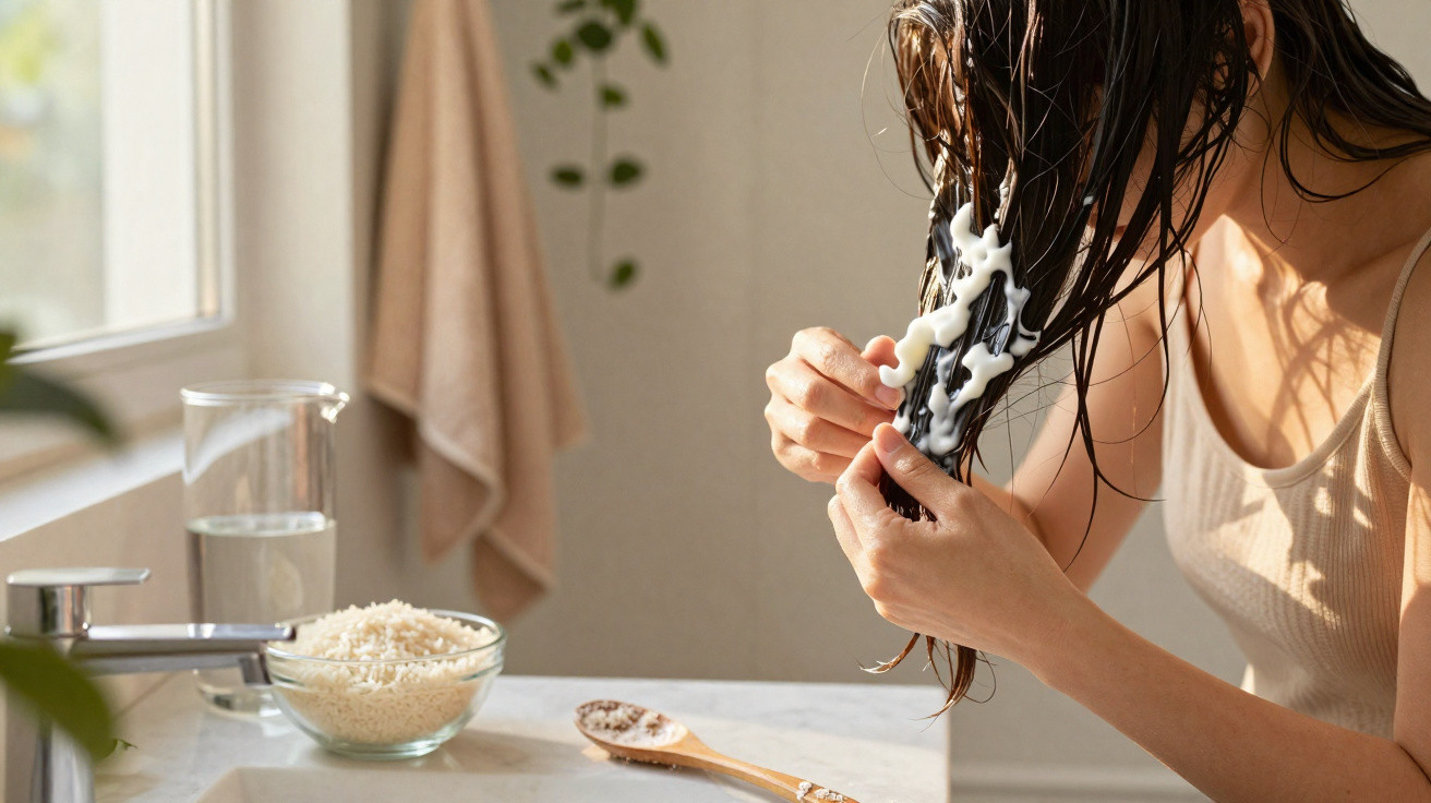 Mulher a aplicar máscara capilar caseira no cabelo molhado num lavatório com ingredientes naturais à vista.