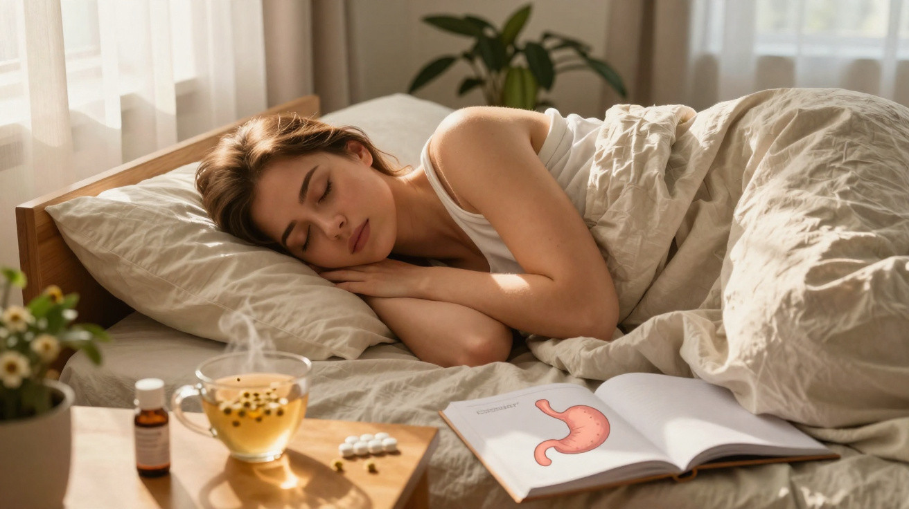 Mulher deitada na cama, coberta com manta, ao lado chá quente, remédios e um livro aberto com ilustração de estômago.