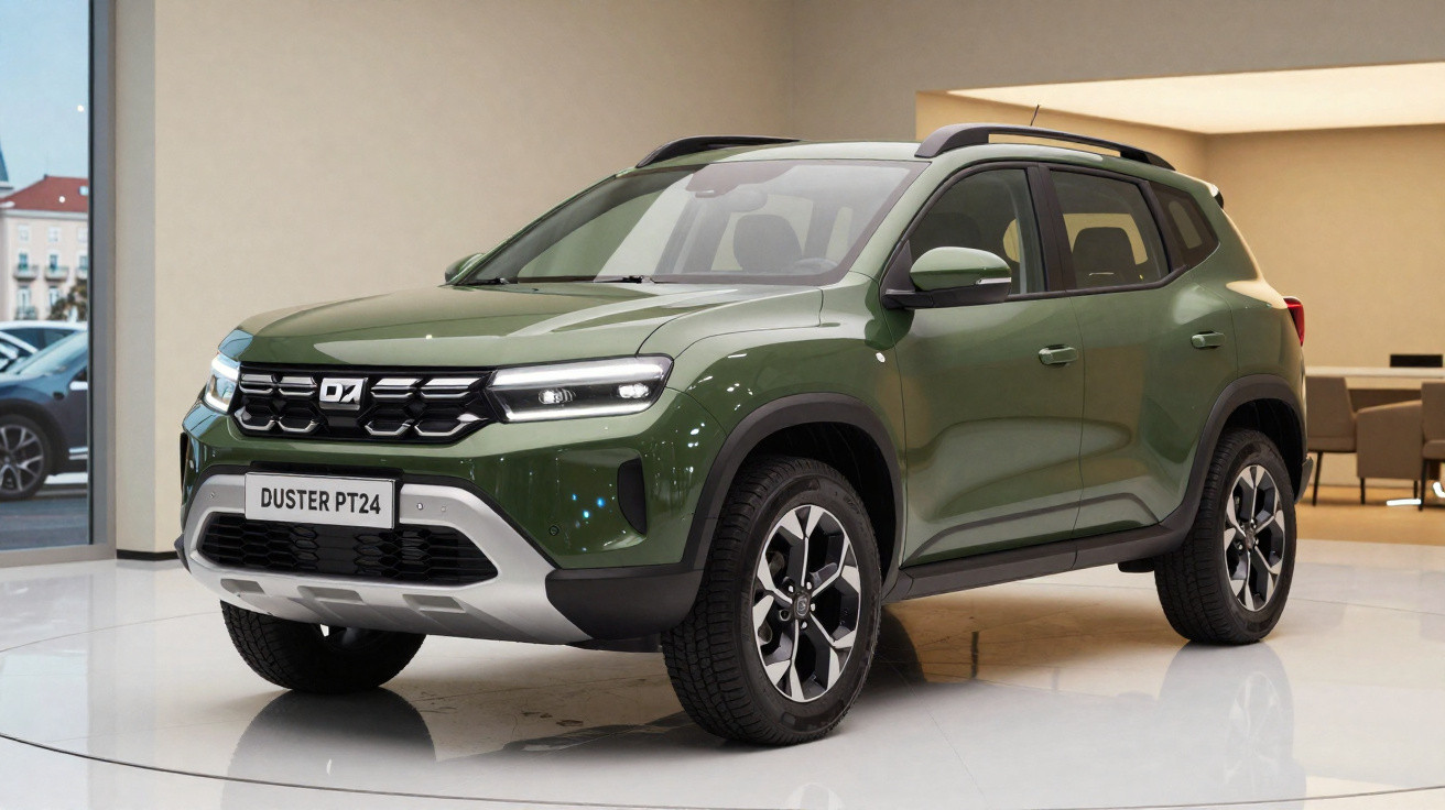 Automóvel SUV Dacia Duster verde, modelo PT24, exposto num salão com chão branco brilhante.