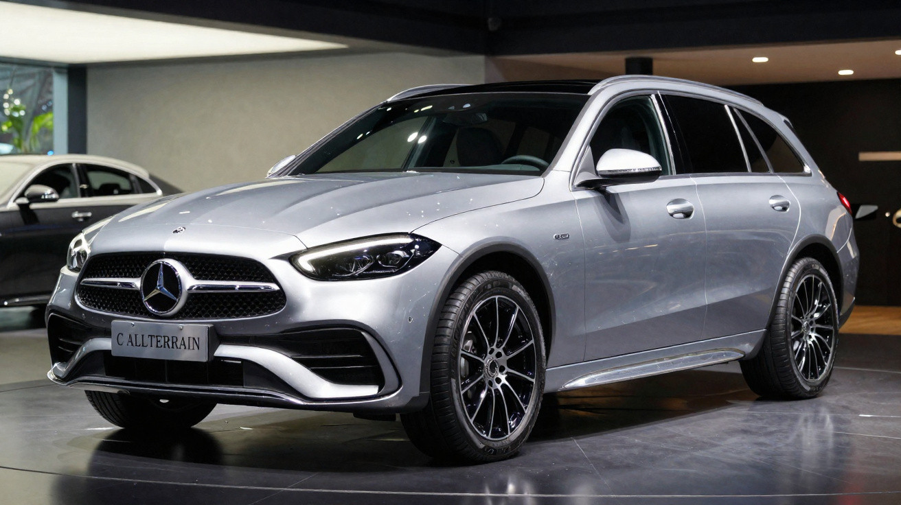 Mercedes-Benz prata C AllTerrain exibido numa sala de exposição moderna.