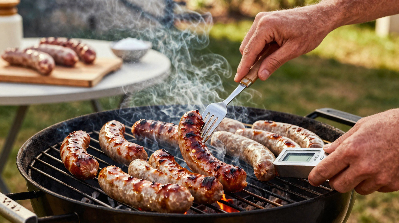 Salsichas a grelhar ao ar livre num churrasco, com uma mão a usar um termómetro e um garfo.