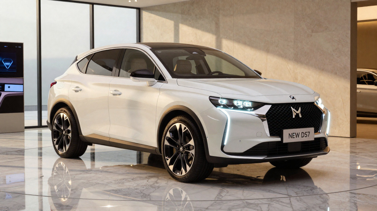 Carro elétrico branco DS 7 com faróis LED e jantes pretas, estacionado num interior moderno com chão de mármore.