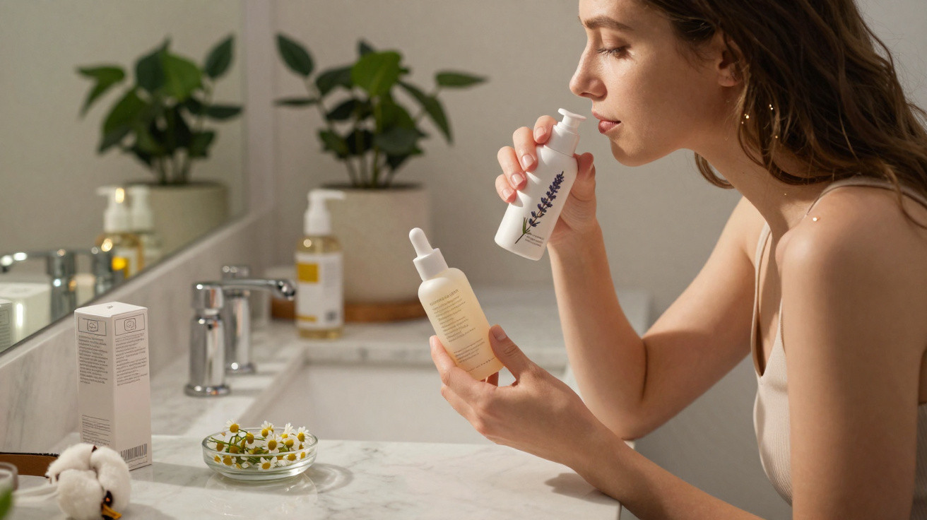Mulher a cheirar frasco de produto cosmético com plantas e frascos no lavatório de casa de banho.