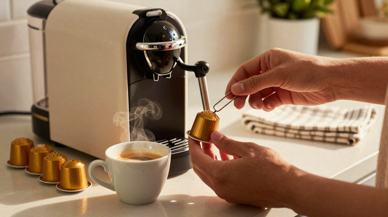 Pessoa a colocar cápsula de café numa máquina de café expresso, com chávena de café a fumegar na bancada.