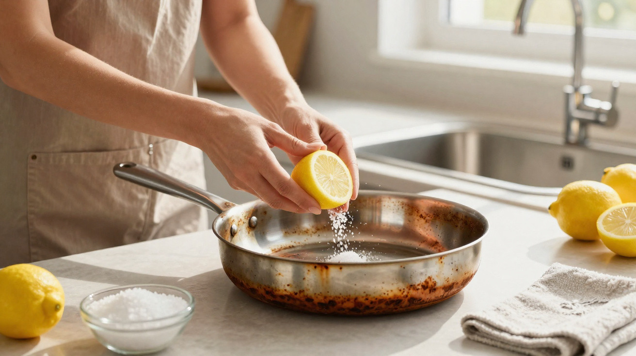 Pessoa a espremer limão e polvilhar sal numa frigideira de aço inoxidável na cozinha.