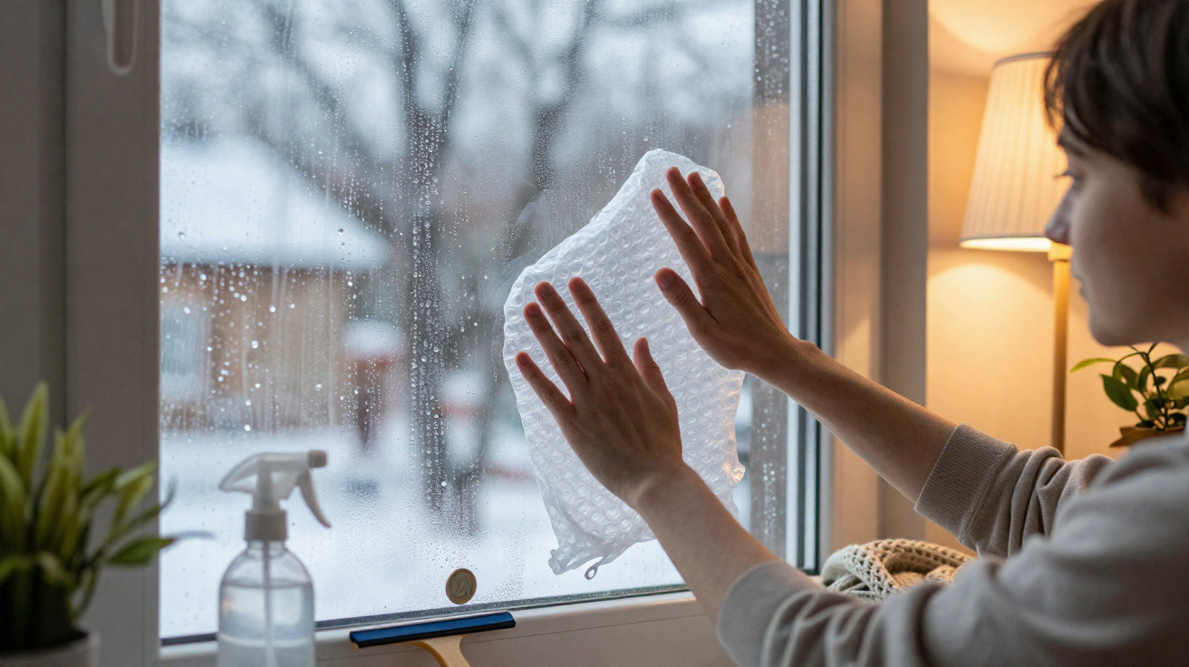 Pessoa usa almofada térmica numa janela com chuva e neve ao fundo, dentro de casa acolhedora.