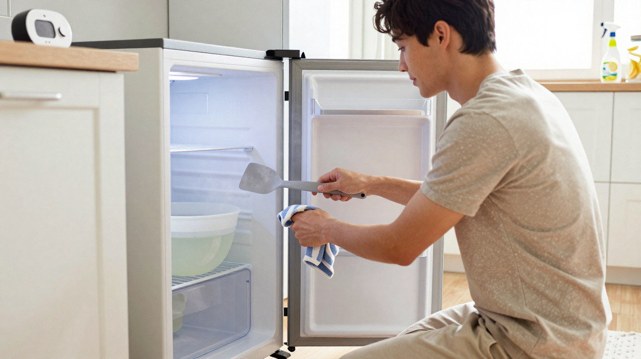 Homem a limpar o interior de um frigorífico aberto numa cozinha luminosa.