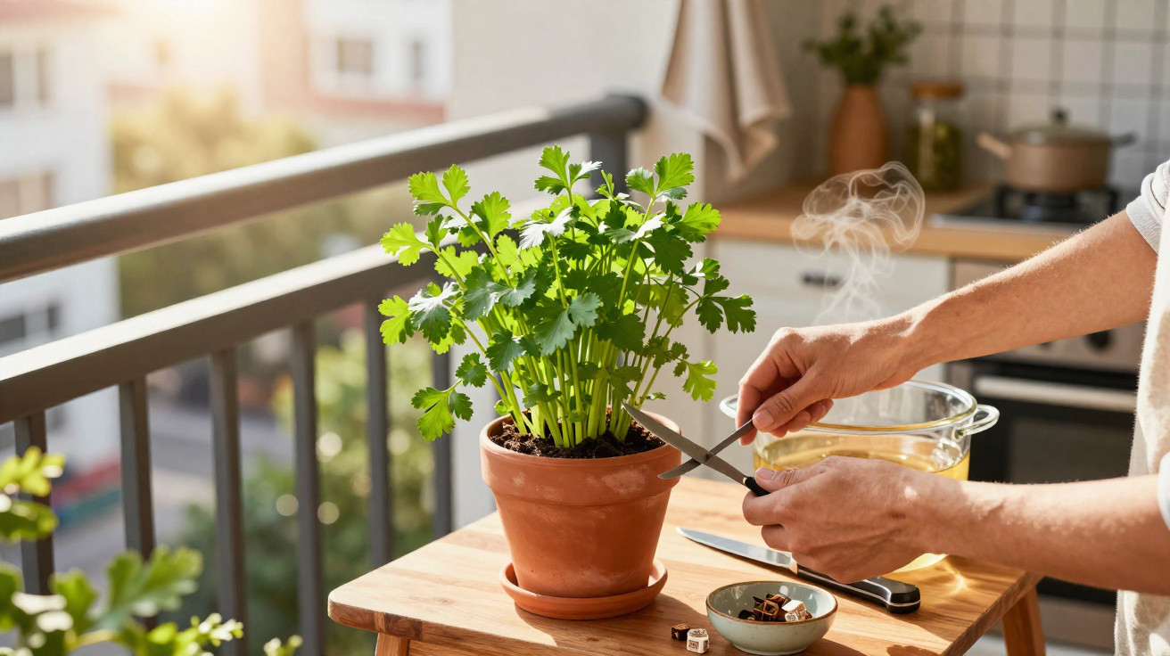Pessoa a cortar salsa num vaso numa varanda ensolarada com utensílios de cozinha numa mesa de madeira.