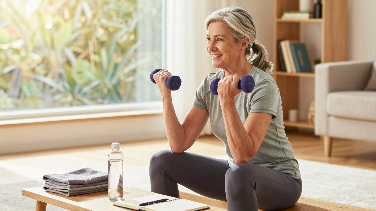 Mulher sénior a fazer exercício com halteres em casa, sorrindo e sentada no chão junto a uma mesa baixa.