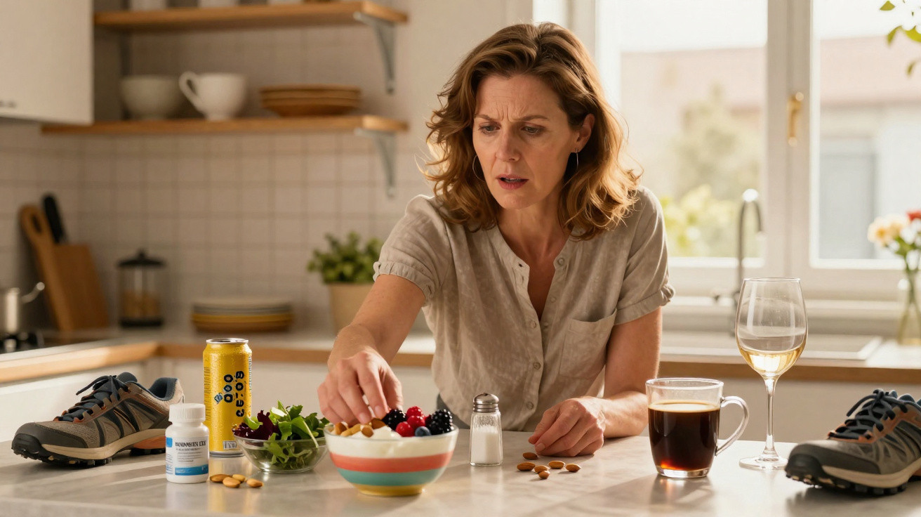 Mulher preocupada comendo frutos vermelhos numa cozinha, rodeada de suplementos e bebidas.