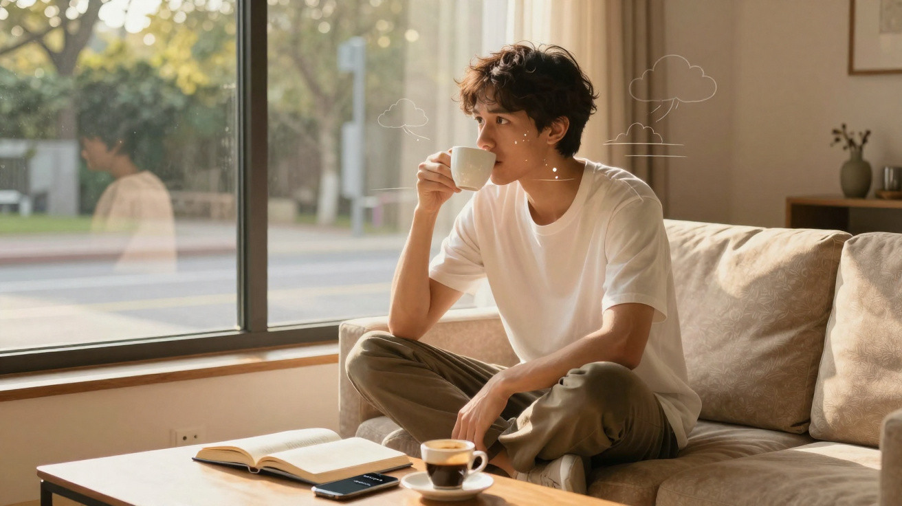 Jovem sentado no sofá a beber café e olhar pela janela, com livro e telemóvel na mesa à frente.