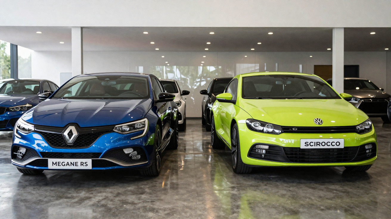 Carros desportivos Renault Megane RS azul e Volkswagen Scirocco verde exibidos em showroom moderno.