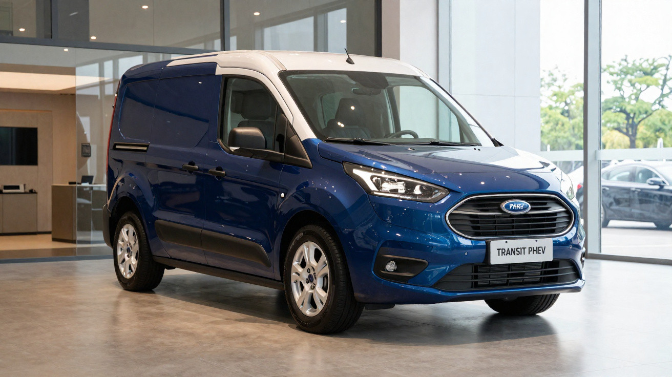 Carrinha de carga Ford Transit PHEV azul exposta em showroom moderno com paredes de vidro.