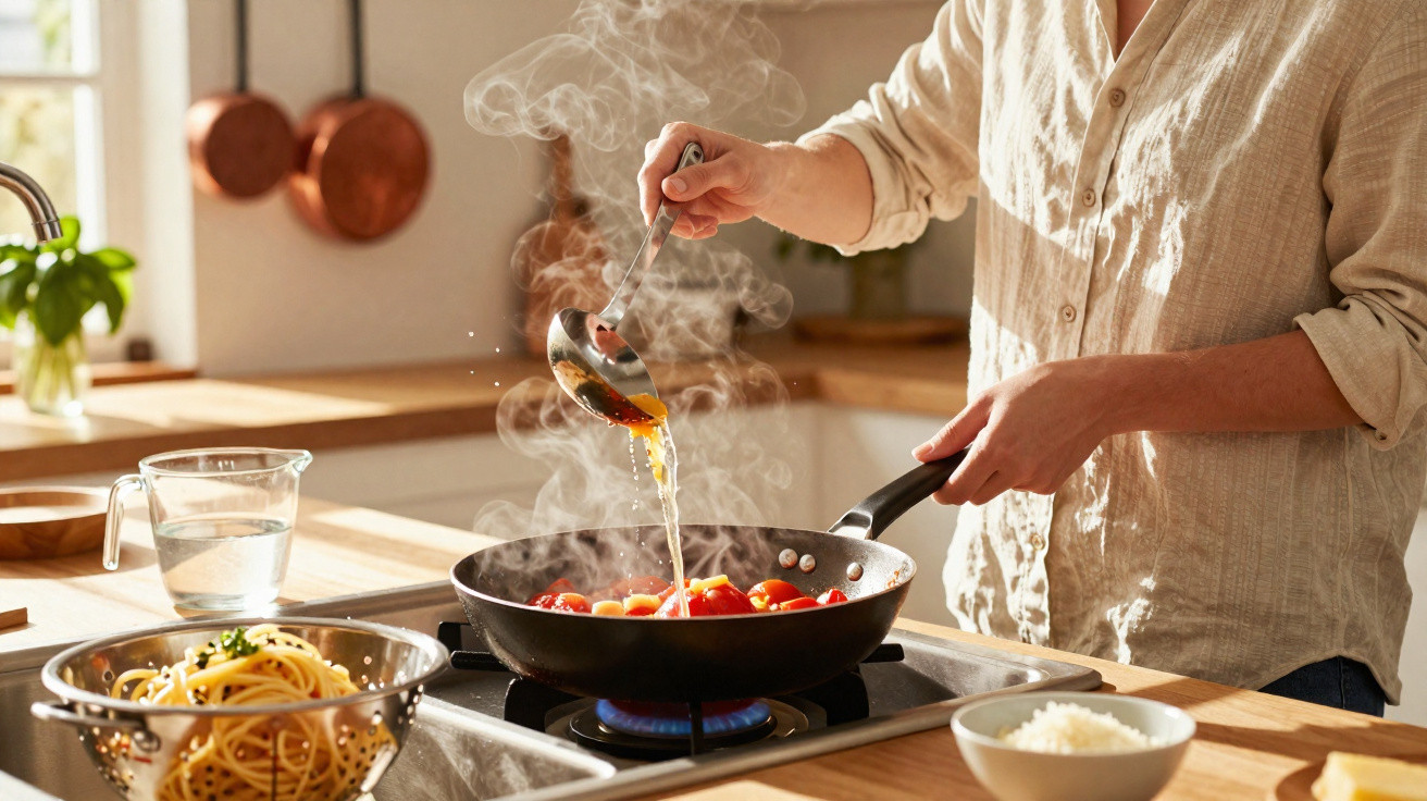 Pessoa a cozinhar molho de tomate numa frigideira numa cozinha iluminada e moderna.