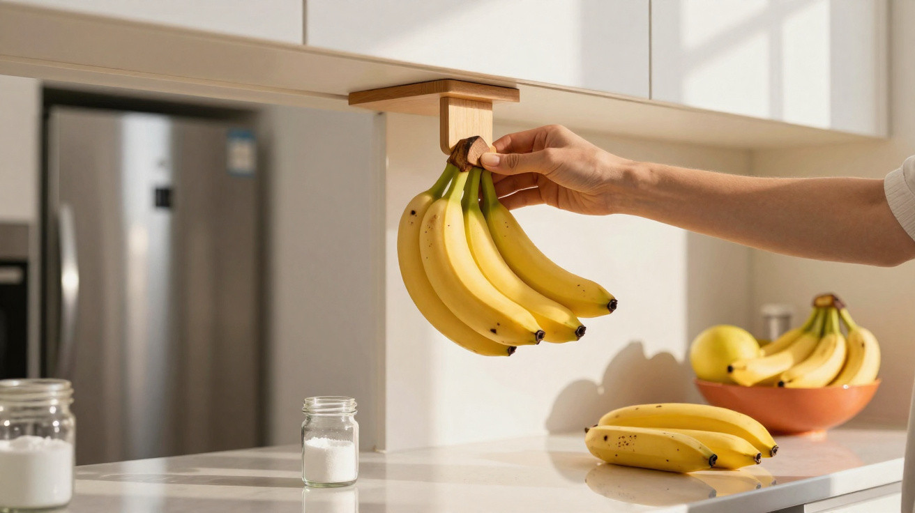 Mão a pegar cachos de bananas suspensos por suporte de madeira numa cozinha moderna e luminosa.