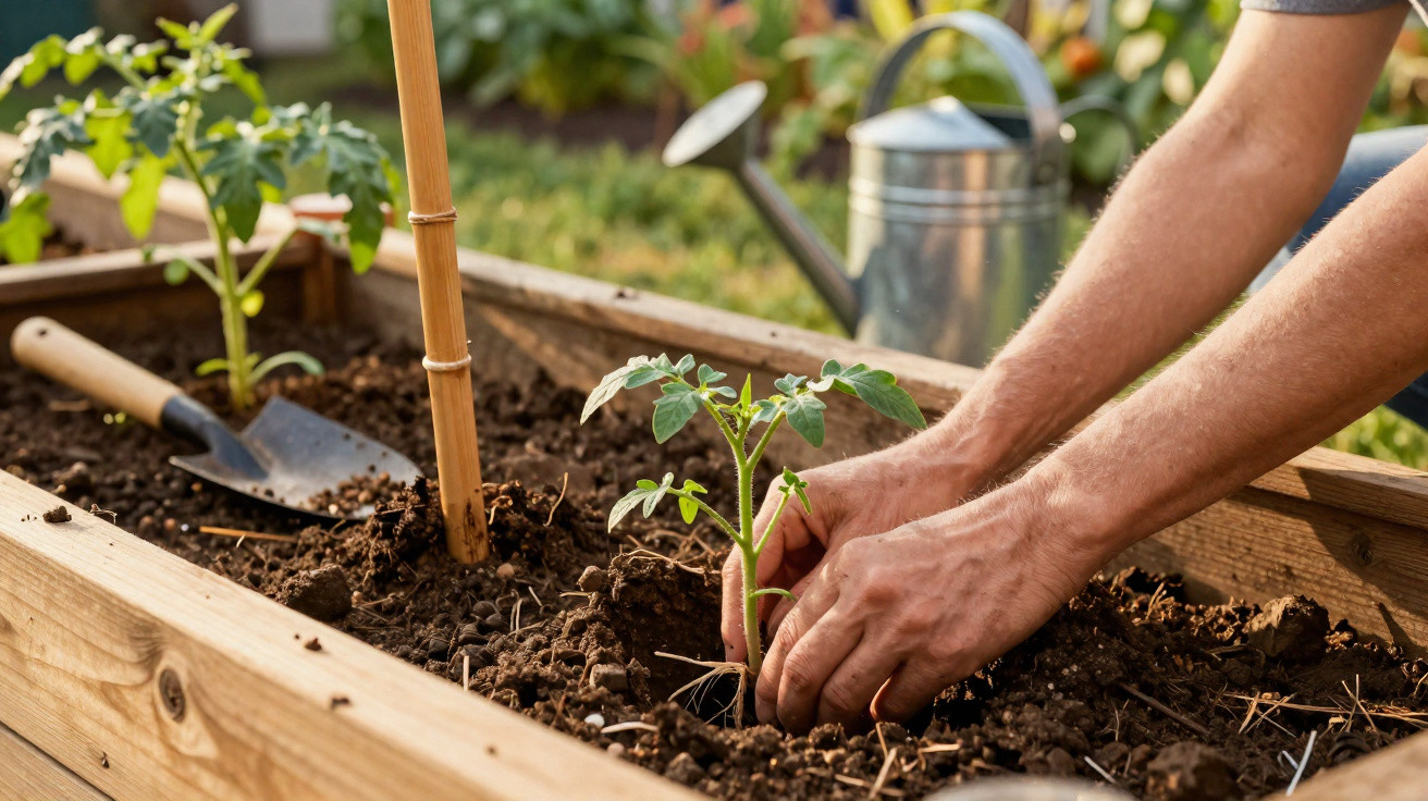 Mãos a plantar muda de tomate num canteiro de madeira com enxada e regador ao fundo.