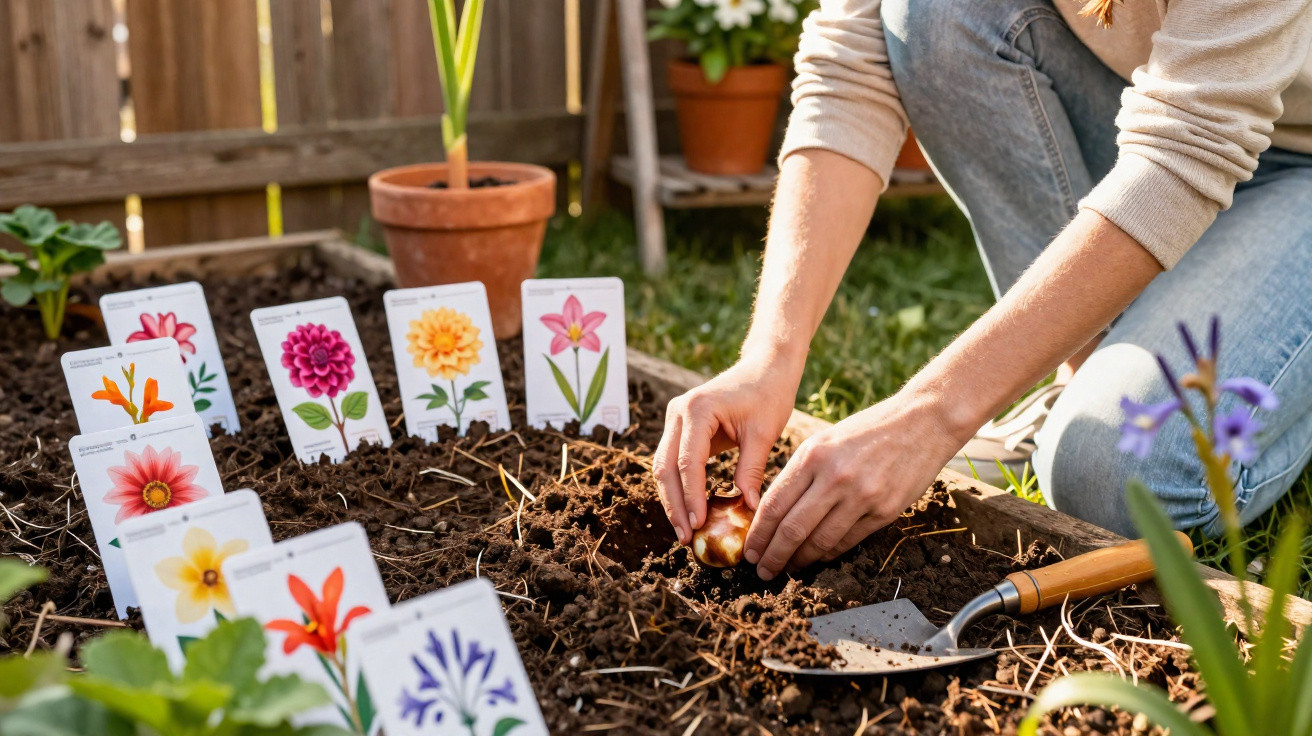 Pessoa a plantar uma bolbo de flor num canteiro com etiquetas de diferentes flores à volta.