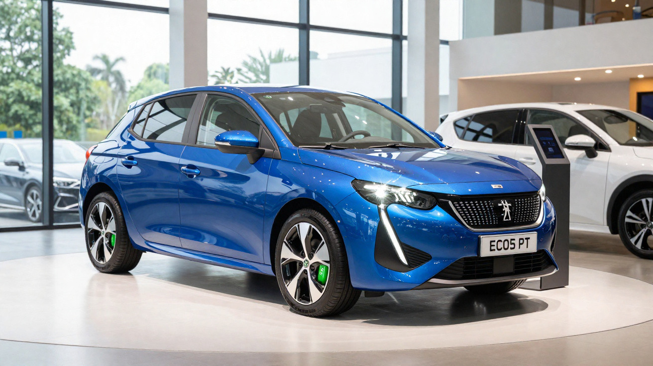 Carro azul Peugeot 308 elétrico em exposição num showroom moderno e iluminado.