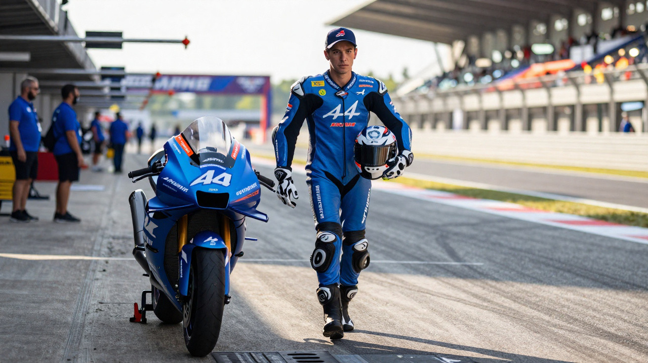 Piloto de motociclismo com fato azul e capacete na mão caminha ao lado da mota número 44 na pista de corrida.