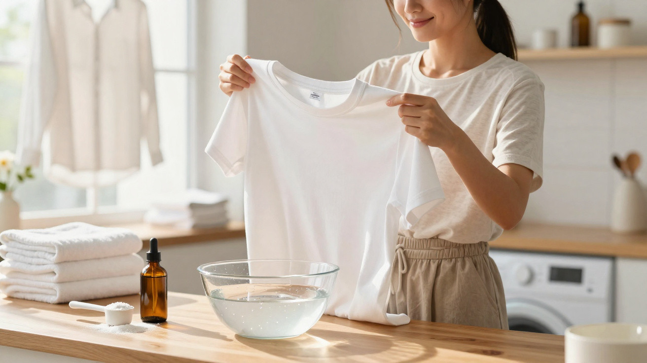 Mulher a segurar uma t-shirt branca recém-lavada, com balde de água e produtos de limpeza na bancada.