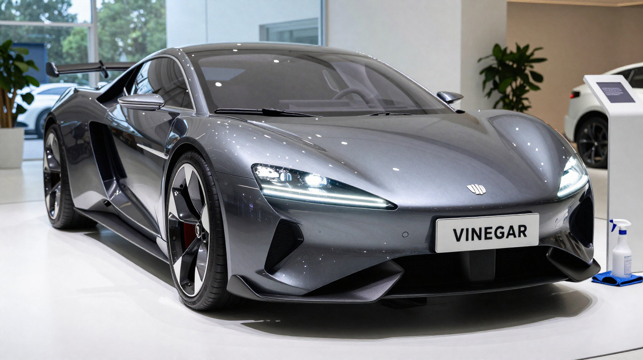 Carro desportivo elétrico cinzento metálico exposto em showroom moderno com placa VINEGAR.